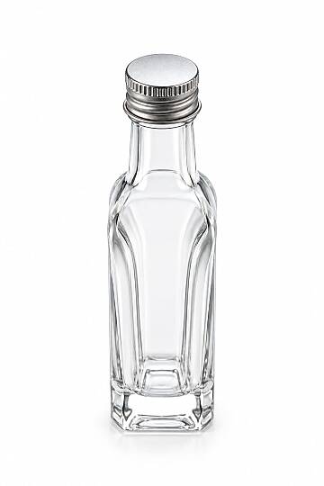 20 CC ŞEFFAF KARE GÜMÜŞ METAL KAPAKLI TIPALI CAM ŞİŞE (MARASKA)