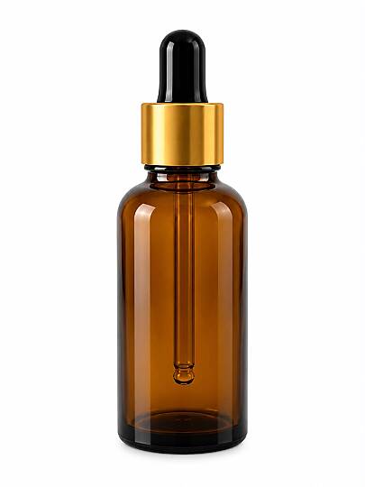 30 CC AMBER CAM DAMLALIKLI ŞİŞE - SİYAH EMZİK - GOLD METALİK KAPAK